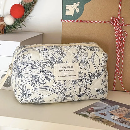 1pcs Cotton Blue Flower Women Cosmetic Bag Fabric Storage Bags Small Big Capacity Travel Organzier Pouch Women Makeup Case
