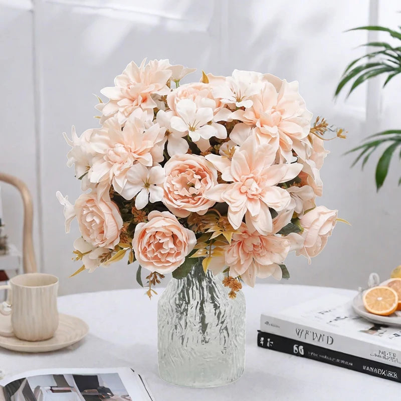 silk peony faux flower bouquet for home decor, wedding, bridal shower, party; high-quality artificial floral arrangement for indoor use, gift idea