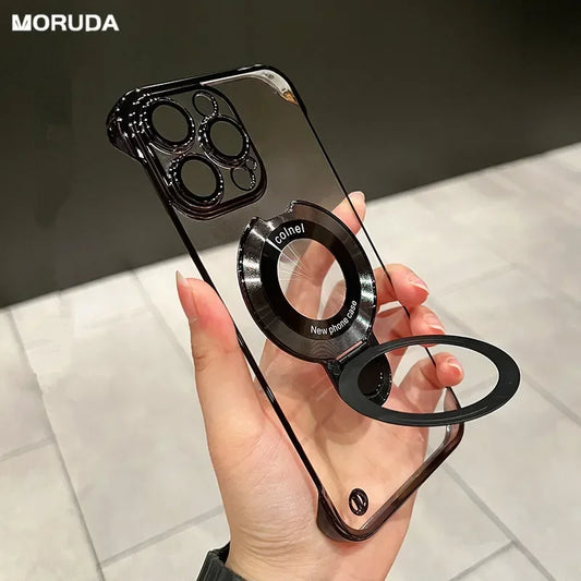 Ultra Slim Borderless Case with Folding Holder & Glass Camera Protector for iPhone 14/15/16 Plus, Pro, Max