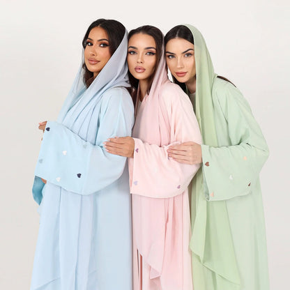 Love Heart Embroidery Soft Open Front Abaya Luxury Kaftan Women Robe for Stylish Layering, Comfortable Fit, Versatile Cardigan - Perfect for Casual and Formal Occasions