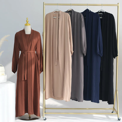 2/3 Piece Set Solid Color Muslim Dress Loose Long Sleeves Abaya Clothing for Women, Modest Fashion, Lightweight Ramadan Outfit, Elegant Prayer Dress with Pockets and Belt