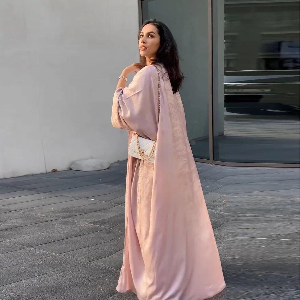 shiny satin batwing abaya caftan open abayas luxury kaftan robe for women - elegant lightweight kaftan with batwing sleeves for casual and formal occasions