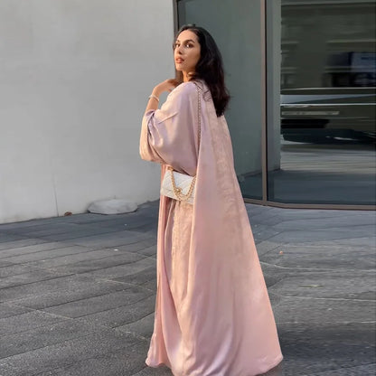 Shiny Satin Batwing Abaya Caftan Femme Open Abayas Luxury Kaftan for Women Dubai Turkey Kebaya Outfit Robe Clothing Musulmane - Elegant and Stylish Fashion