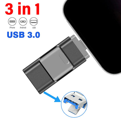 Rotatable USB 3.0 Flash Drive 3-in-1 Pen Drive Memory Stick 256GB 128GB for iPhone, iPad, Android, PC - Gold, Black, Silver, Rose Gold