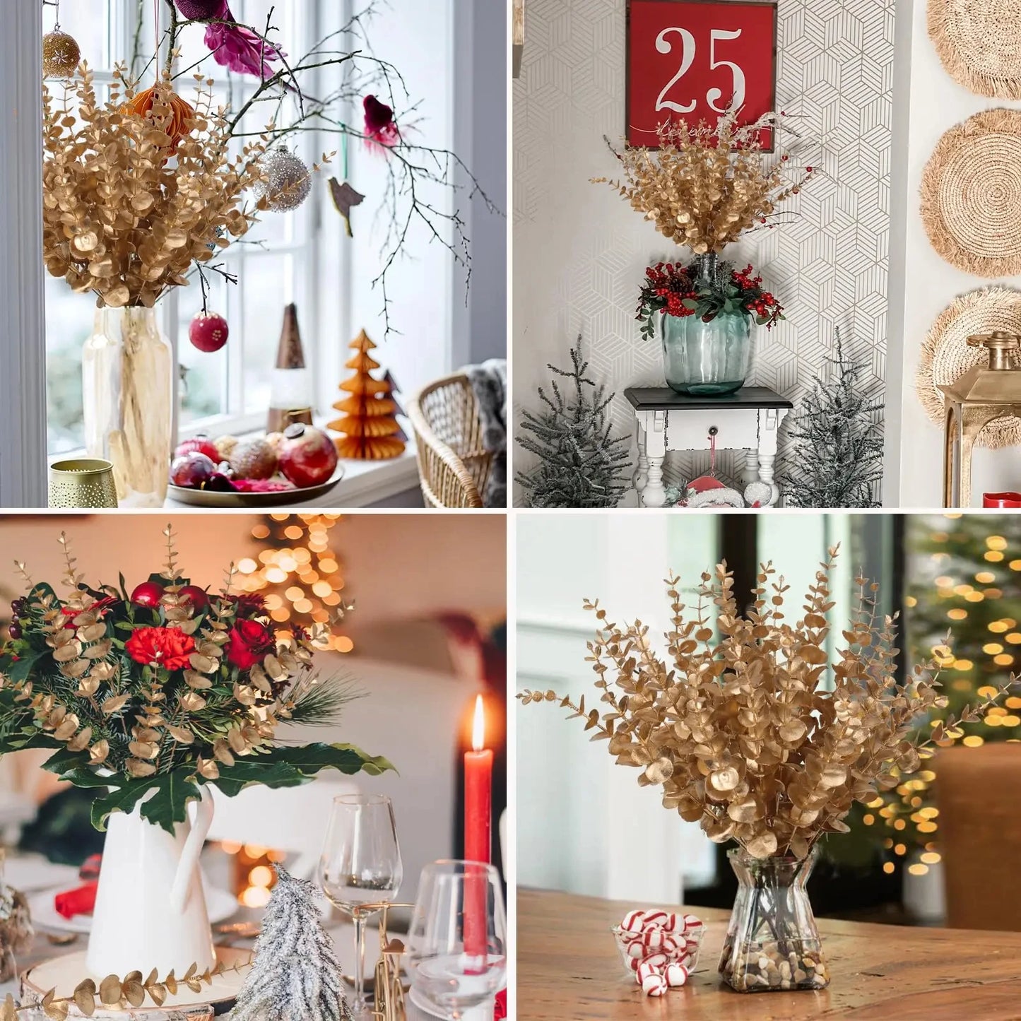 artificial eucalyptus stems gold leaf 10/20pcs | faux flowers for home décor, weddings, parties | indoor floral arrangements, bouquets, centrepieces, gift-ready decoration