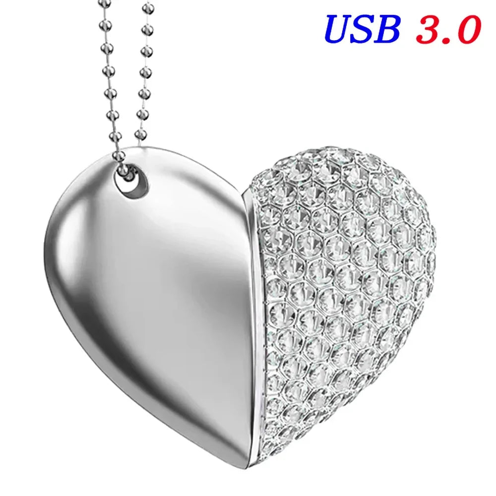 usb 3.0 heart necklace flash drive 64gb - stylish crystal & metal memory stick in gold, silver, blue, pink, green - perfect for wedding, creative or business gifts