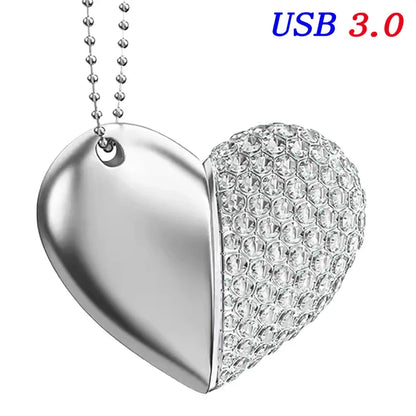 USB 3.0 Heart Necklace Flash Drive 64GB - Stylish Crystal & Metal Memory Stick in Gold, Silver, Blue, Pink, Green - Perfect for Wedding, Creative or Business Gifts