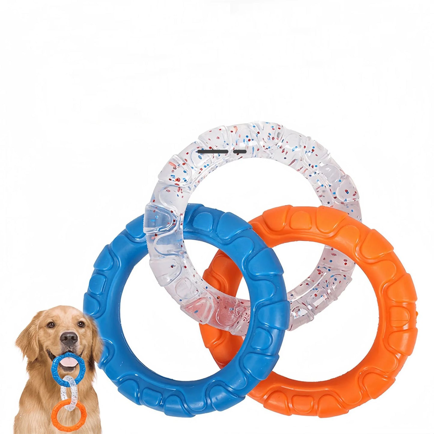 durable rubber dog chew toy, bite-resistant pull ring for tug-of-war, teeth cleaning, ideal for all breeds, suitable for indoor and outdoor play, promotes dental health