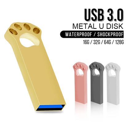 USB 3.0 Metal Flash Drive - 128GB, 64GB, 32GB, 16GB, 8GB - Cute Cat Paw Design Memory Stick, Creative Gift for Data Storage & Transfer