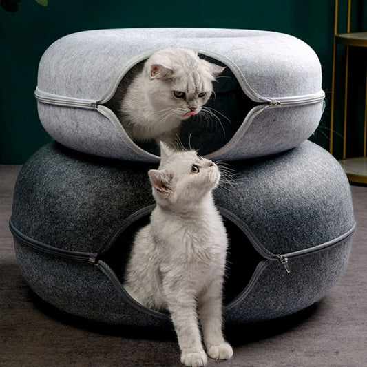 10.46 B0CX4PJ3GN light grey Donut Cat Bed Interactive Tunnel Pet Felt Indoor Toys Cats House Kitten Training Toy Cat Kennel Pets Supplies