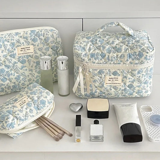B0CL3BT4GL 1pcs Cotton Blue Flower Women Cosmetic Bag Fabric Storage Bags Small Big Capacity Travel Organzier Pouch Women Makeup Case