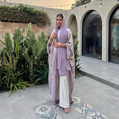 Shiny Satin Batwing Abaya Caftan Open Abayas Luxury Kaftan Robe for Women - Elegant Lightweight Kaftan with Batwing Sleeves for Casual and Formal Occasions