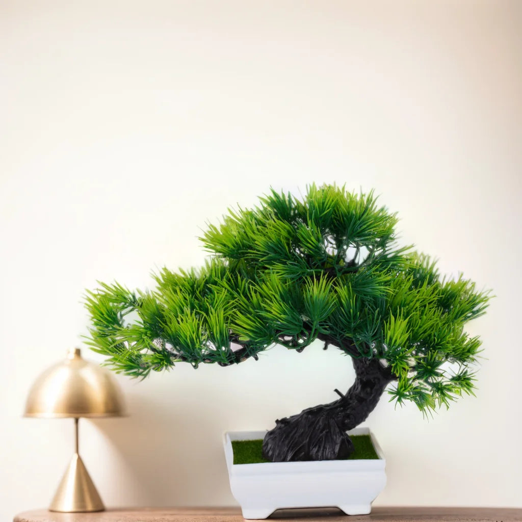 green artificial bonsai plants - small tree grass and flowers in pot, indoor outdoor decoration for home, office, wedding, anniversary, exhibition, halloween decor
