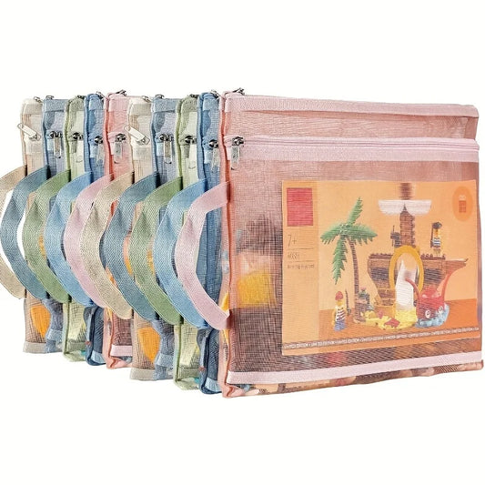 B0DB5QWFJM 5pcs Colored Mesh Zipper Storage Bag, Double-Layer Nylon Organizer Pouch, For Puzzle Building Block Toy Storage
