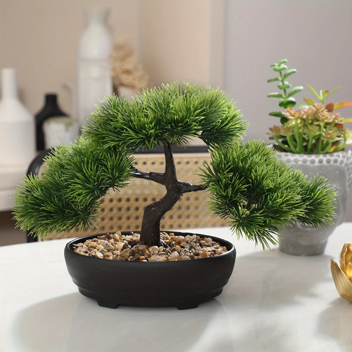 artificial bonsai tree decor with black planter - zen garden accent for home, office, party - durable plastic material for indoor and outdoor display