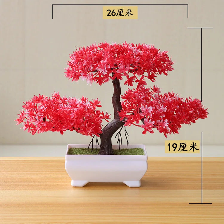artificial bonsai tree decorative plant, plastic fake flowers with pot, desktop ornament for home, office, hotel, garden, anniversary, and exhibition use