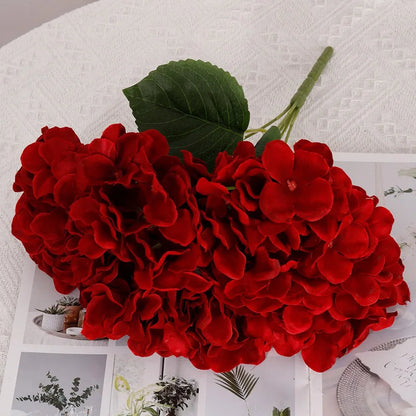 Silk Hydrangea Artificial Flowers Bouquet, 5 Large Heads, Red Floral Arrangement for Home, Wedding, Anniversary, Parties, Indoor Decor