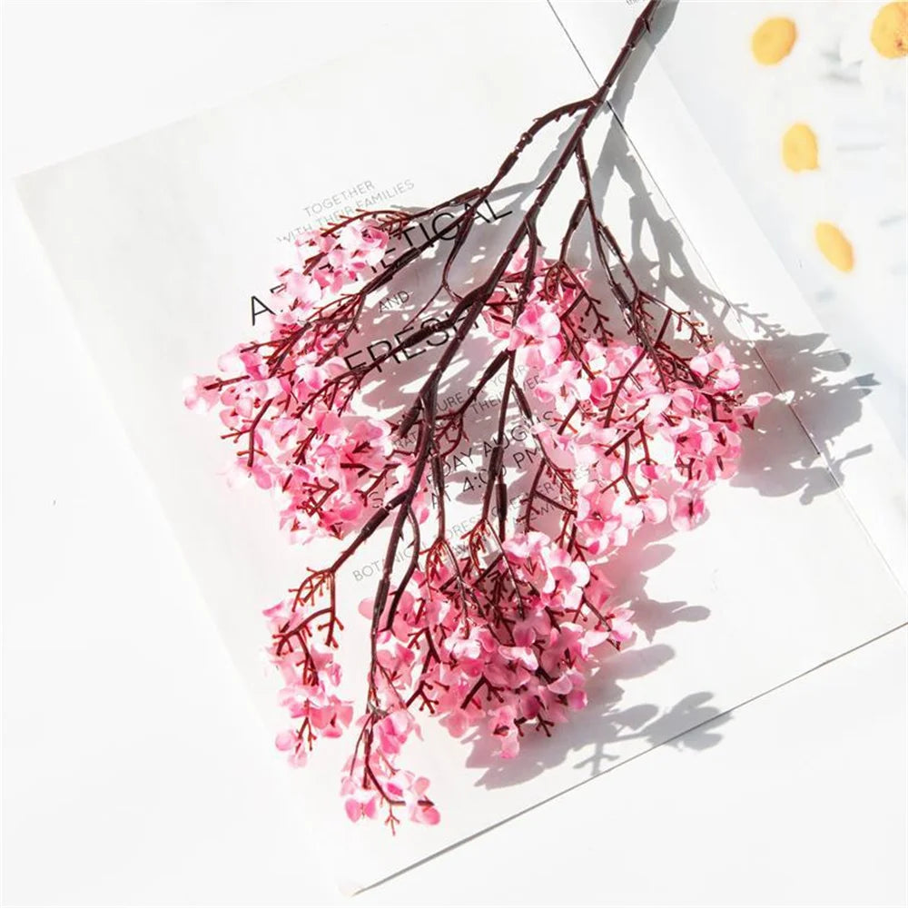 artificial cherry blossom & baby's breath bouquets - gypsophila faux flowers for wedding, anniversary, shower or home indoor decoration, rattan material