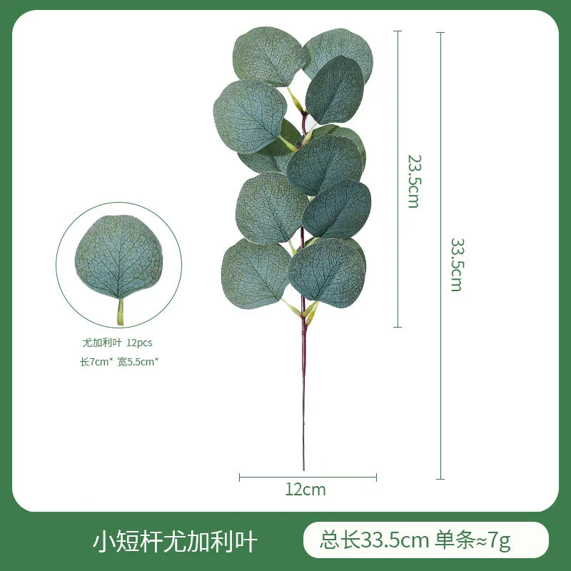 artificial eucalyptus leaf branch, plastic decorative plant for bridal shower, desktop or outdoor use, cloth texture, perfect for exhibitions and home decor