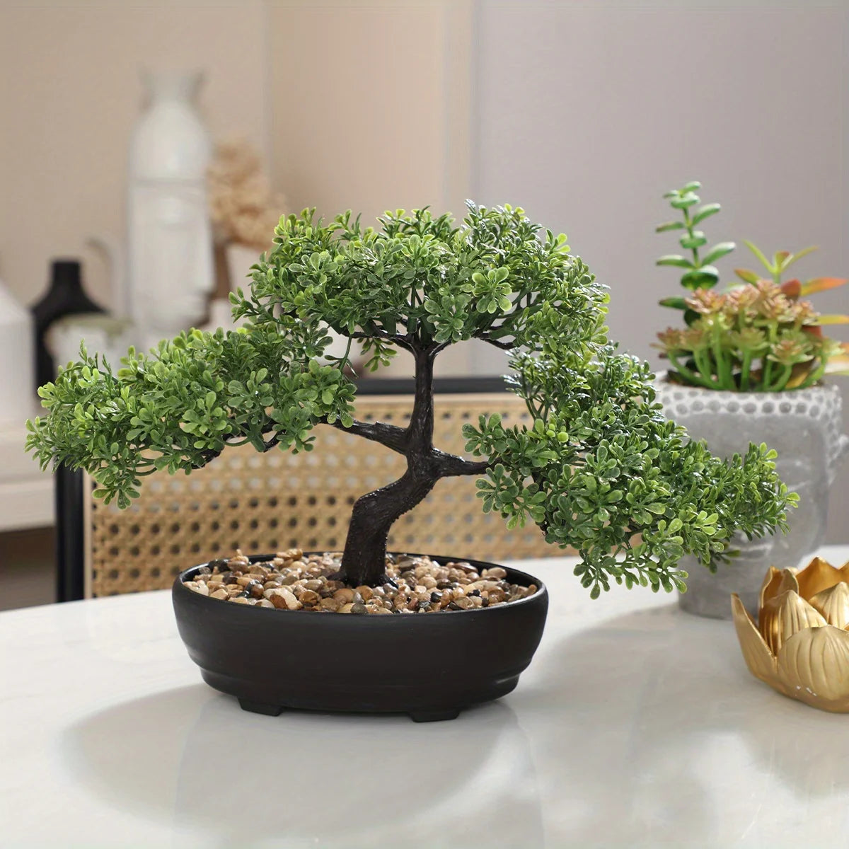 artificial bonsai tree decor with black planter - zen garden accent for home, office, party - durable plastic material for indoor and outdoor display