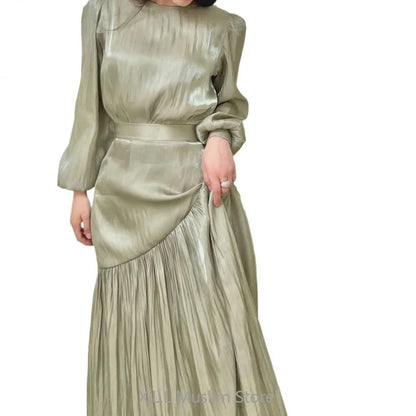 Eid Ramadan Muslim Women's Elegant Pleated A-Line Dress Abaya Kaftan Robe for Celebrations, Perfect for Spring Summer Events, Comfortable and Stylish Design