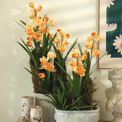 Artificial Orchid Flowers 3D Printed Real Touch Pink Cymbidium Branch - Home Living Room Silk Decoration, Wedding Centrepiece, Indoor Floral Arrangement