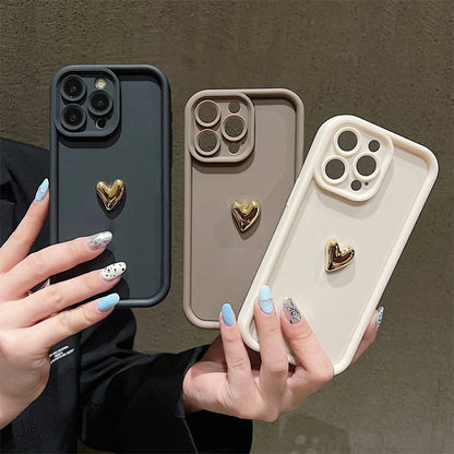 3D Gold Heart Silicone Soft Phone Case - Shockproof Candy Matte Cover for iPhone 14/15/16 Plus, Pro, Max