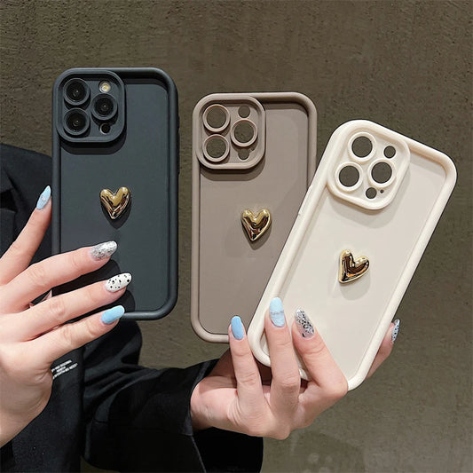3D Gold Heart Silicone Soft Phone Case - Shockproof Candy Matte Cover for iPhone 14/15/16 Plus, Pro, Max