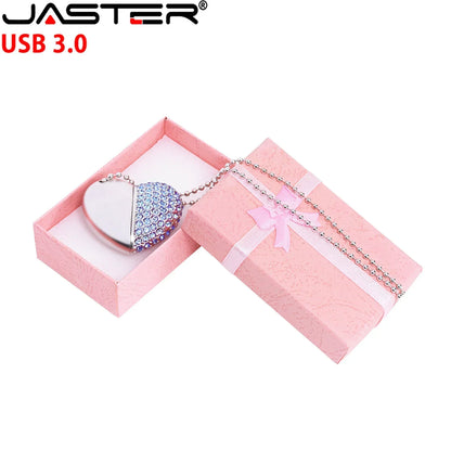 USB 3.0 Metal Diamond Crystal Heart Pink Box USB Flash Drive 16GB 32GB 64GB 128GB Memory Stick Thumb Drive Creative Gift U Disk