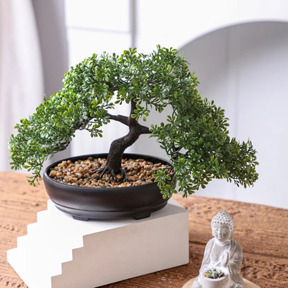 Artificial Bonsai Tree Decor with Black Planter - Zen Garden Accent for Home, Office, Party - Durable Plastic Material for Indoor and Outdoor Display