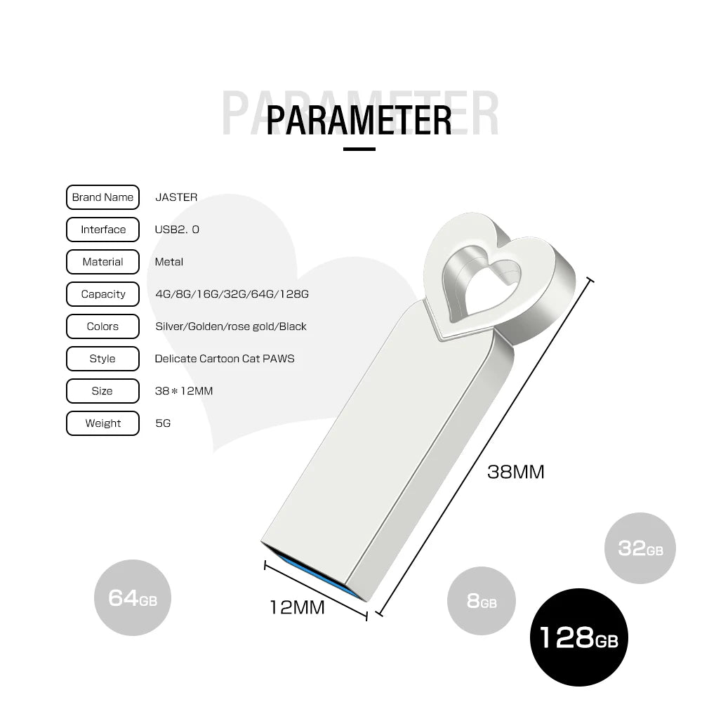 usb flash drive 64gb heart-shaped metal memory stick, black & silver, 32gb, 16gb, 8gb, 4gb options, creative storage device for data transfer and backup