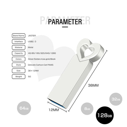 USB Flash Drive 64GB Heart-Shaped Metal Memory Stick, Black & Silver, 32GB, 16GB, 8GB, 4GB Options, Creative Storage Device for Data Transfer and Backup