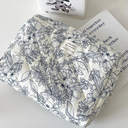 B0CL3BT4GL 1pcs Cotton Blue Flower Women Cosmetic Bag Fabric Storage Bags Small Big Capacity Travel Organzier Pouch Women Makeup Case