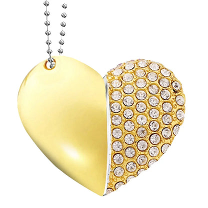 USB 3.0 Heart Necklace Flash Drive 64GB - Stylish Crystal & Metal Memory Stick in Gold, Silver, Blue, Pink, Green - Perfect for Wedding, Creative or Business Gifts