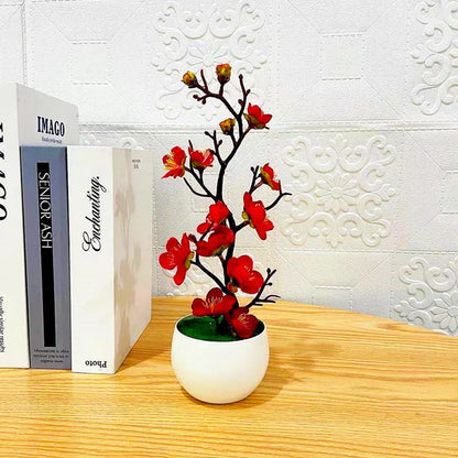 Artificial Plum Blossom Bonsai Plant with Pot | Indoor Decorative Silk Flower Arrangement for Home, Office, Celebrations, Parties, Weddings | Plastic Material