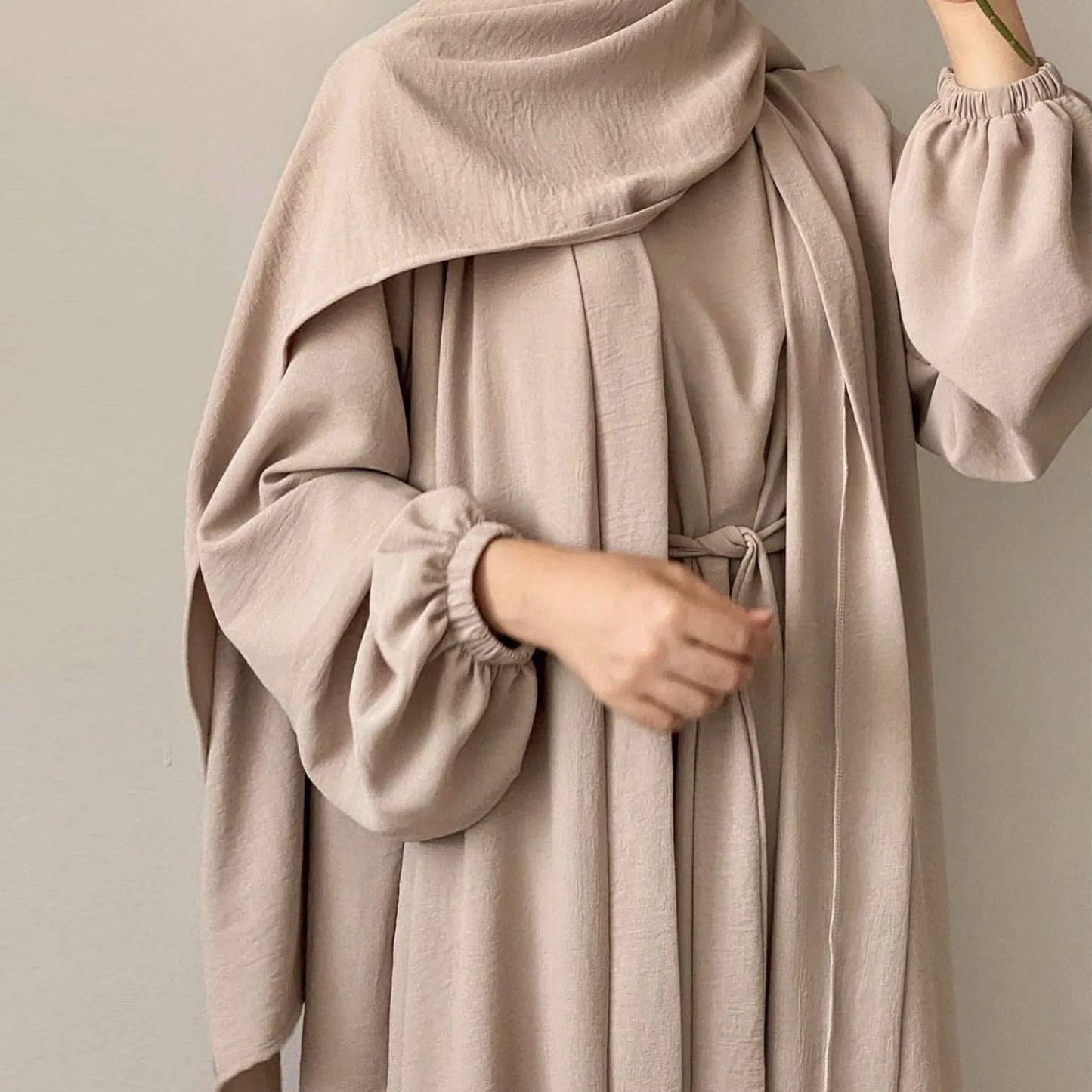 2/3 piece set solid color muslim dress loose long sleeves abaya clothing for women, modest fashion, lightweight ramadan outfit, elegant prayer dress with pockets and belt