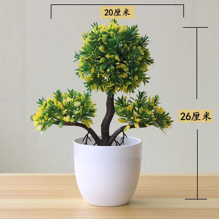 artificial bonsai tree decorative plant, plastic fake flowers with pot, desktop ornament for home, office, hotel, garden, anniversary, and exhibition use
