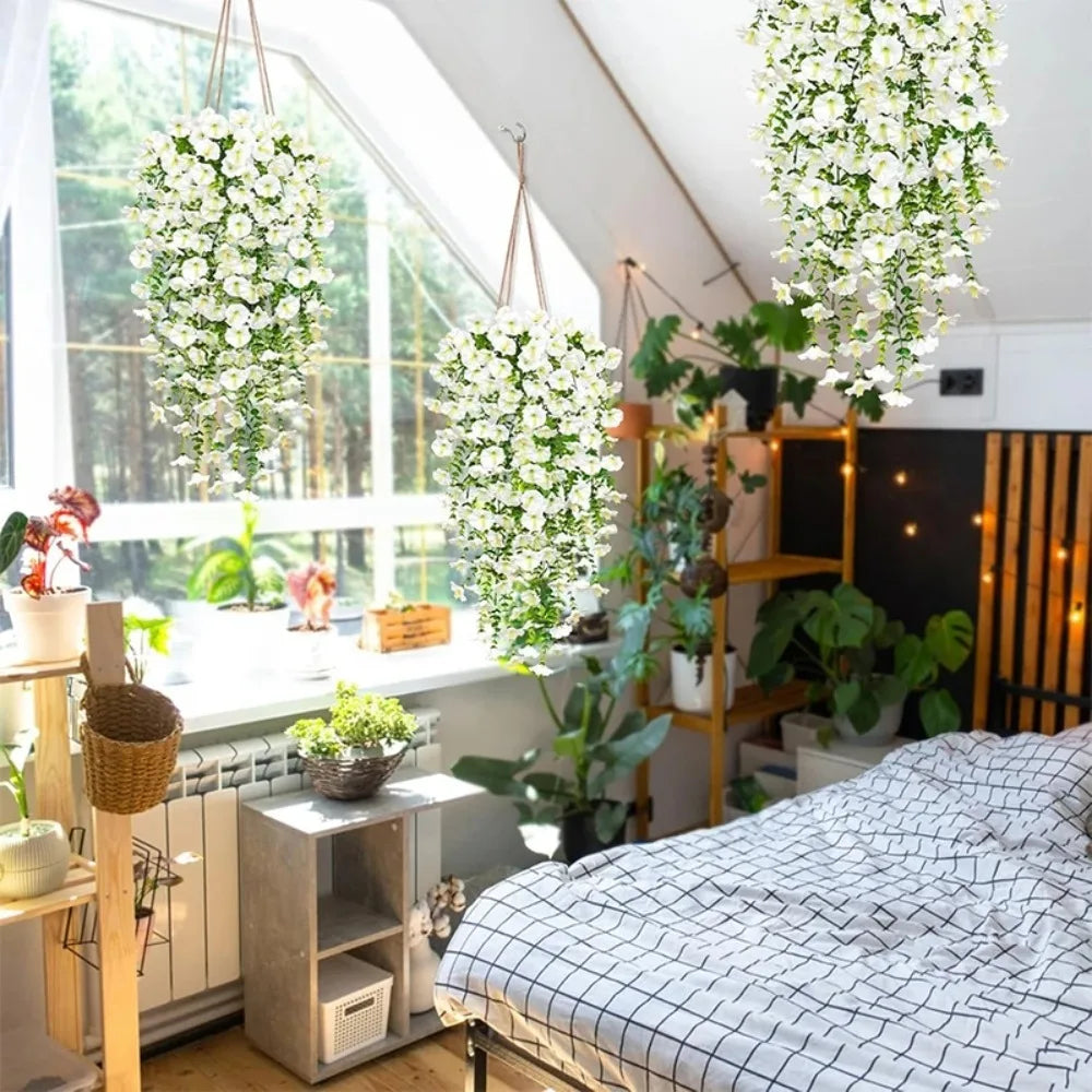 75cm white crochet artificial morning glory flowers wall hanging vine, faux violet plant for home, garden, wedding and outdoor decoration (2pcs)