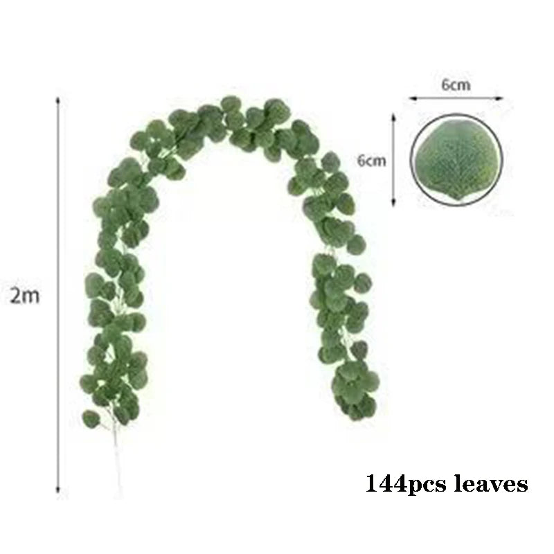 artificial eucalyptus garland 2m green leaf vines for wedding, home party, arch, garden, and outdoor hanging decoration, greenery rattan plant decor
