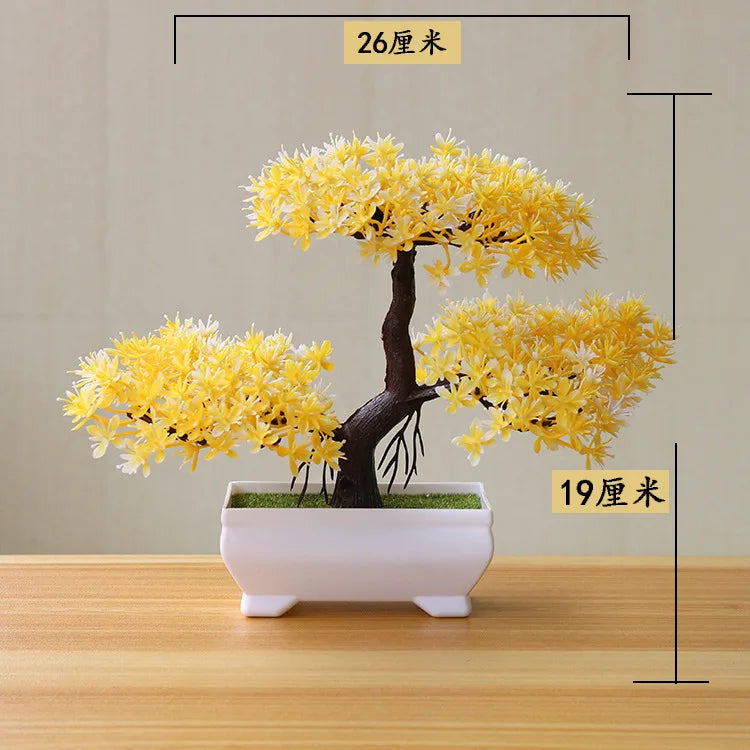 artificial bonsai tree decorative plant, plastic fake flowers with pot, desktop ornament for home, office, hotel, garden, anniversary, and exhibition use