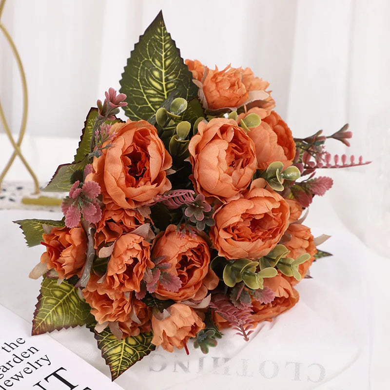 silk peony artificial flowers bouquet, 30cm decorative faux floral arrangement, indoor peonies for home, wedding, bridal shower, party, hotel table and vase décor