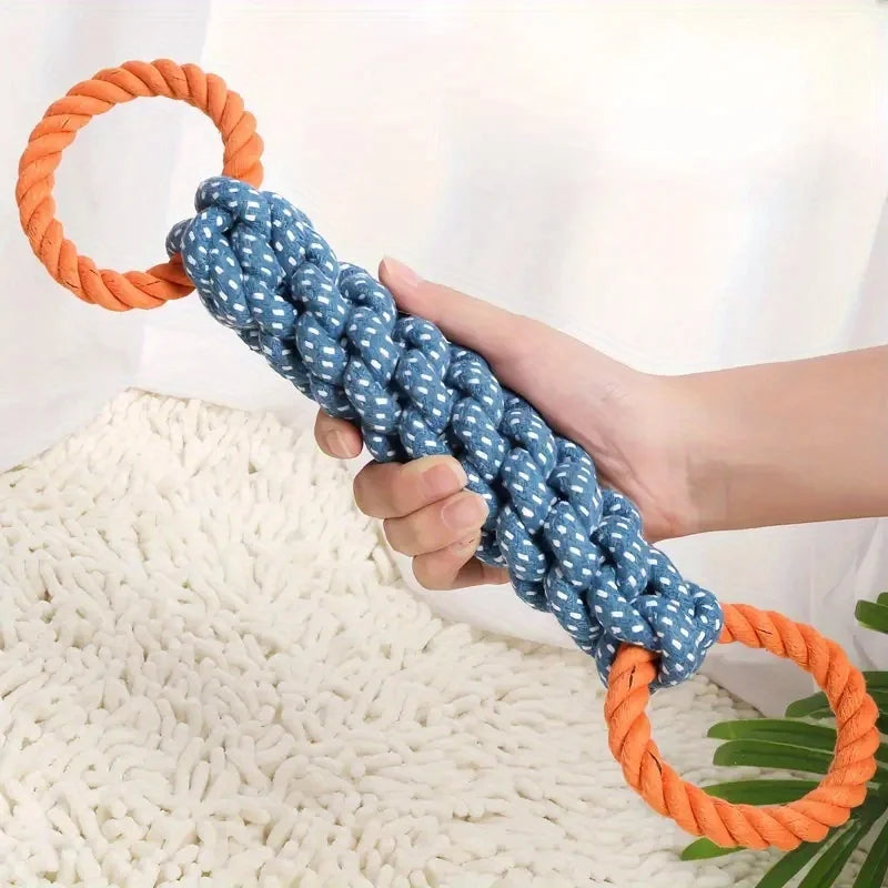 braided rope dog chew toy, blue & orange, dual-handle for tug-of-war, teeth cleaning, durable polyester blend, interactive play, suitable for all dog breeds and sizes