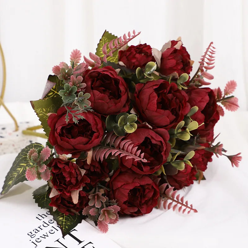 silk peony artificial flowers bouquet, 30cm decorative faux floral arrangement, indoor peonies for home, wedding, bridal shower, party, hotel table and vase décor