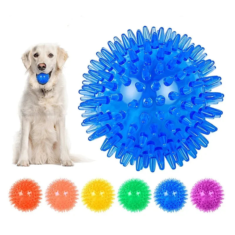 dog chew toy ball, rubber squeaky ball for tooth cleaning, interactive thorn design, ideal for puppy training, fetch games, durable, safe, indoor and outdoor use