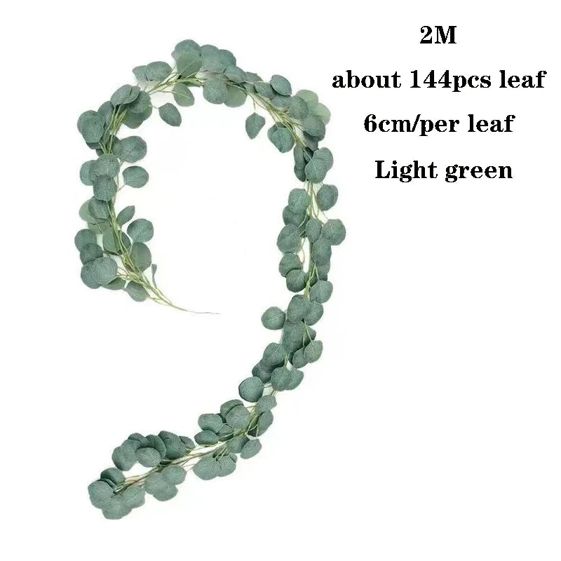 artificial eucalyptus garland 2m green leaf vines for wedding, home party, arch, garden, and outdoor hanging decoration, greenery rattan plant decor