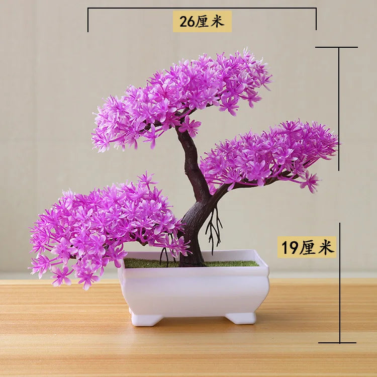 artificial bonsai tree decorative plant, plastic fake flowers with pot, desktop ornament for home, office, hotel, garden, anniversary, and exhibition use