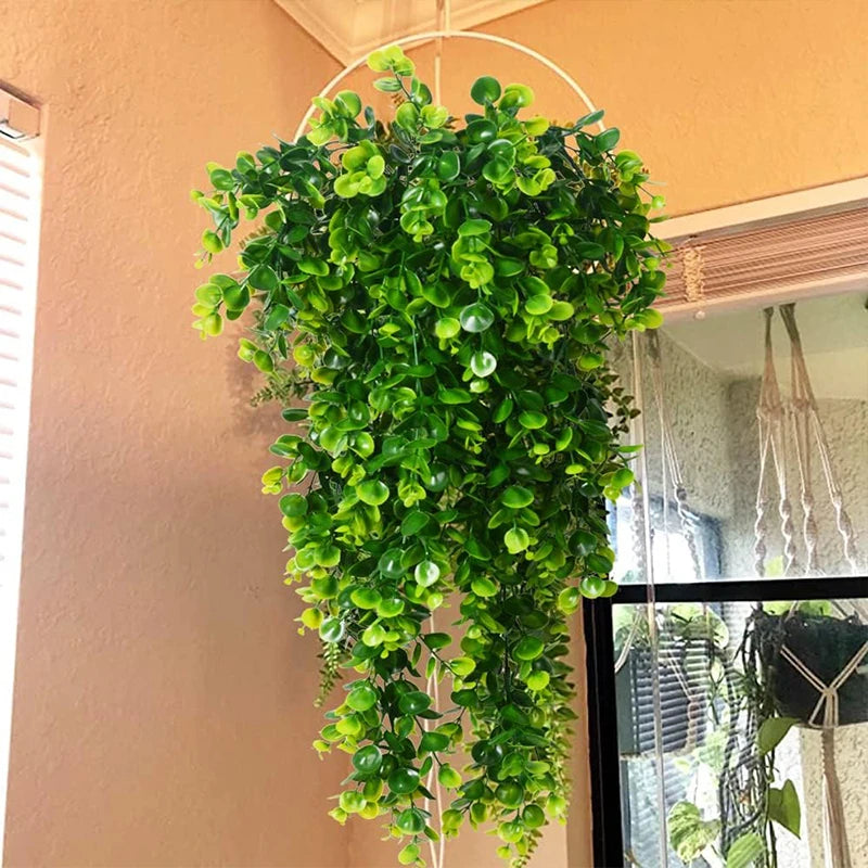 artificial hanging eucalyptus vines, uv resistant faux greenery for outdoor wedding decor, plastic leaf garland for bridal showers and exhibitions