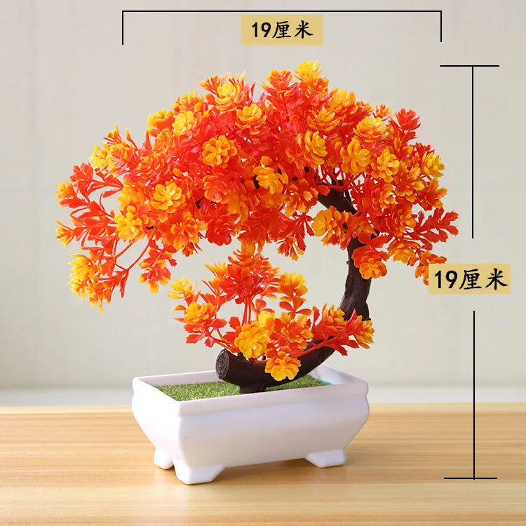 artificial bonsai tree decorative plant, plastic fake flowers with pot, desktop ornament for home, office, hotel, garden, anniversary, and exhibition use