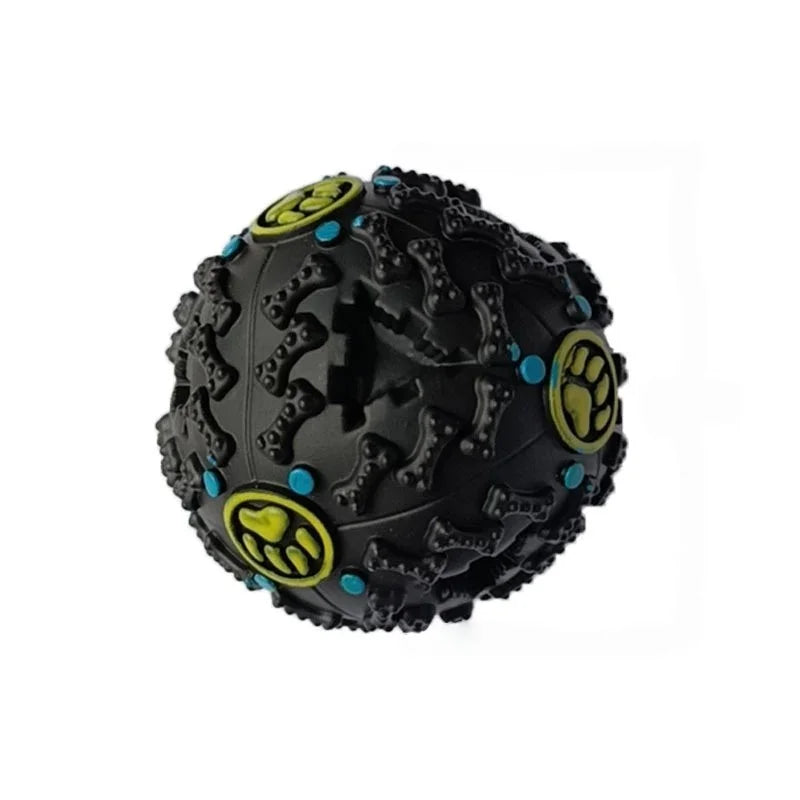 "interactive rubber chew toy with treat dispenser & squeaker, dental care & mental stimulation for dogs, durable puzzle for engaging play & healthy teeth"