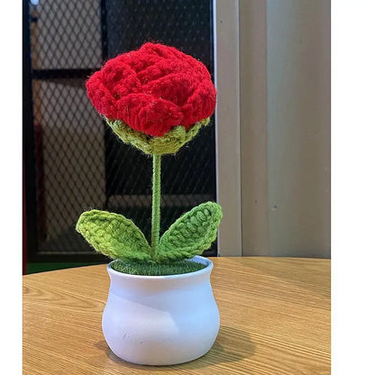 Mini Artificial Rose Decoration, Handwoven Wool Plant for Home, Office Desk Ornament, Perfect for Anniversaries, Birthdays, Weddings, Indoor Bonsai Style, PP Material